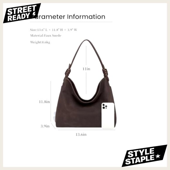 Large Faux Suede Hobo Tote Bag Lightweight Slouchy Shoulder Handbag - Picture 4 of 7